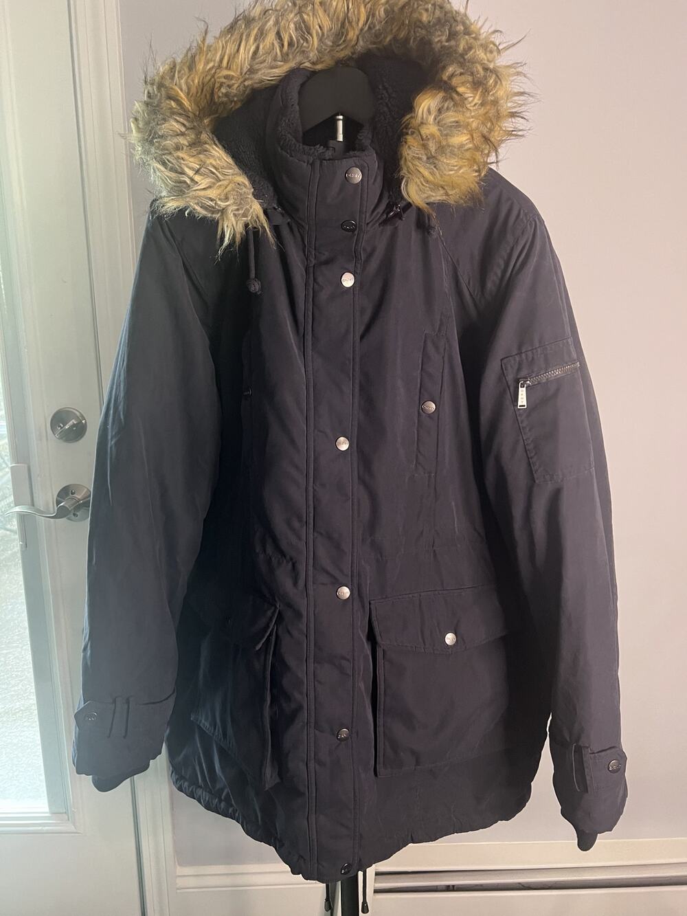 DKNY Mens Faux Fur Hooded Parka Jacket Coat Black Orange Lining XL EUC